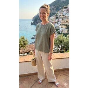 Terzo Millennio Italy Linen Cotton Top Army Green Silver Metallic Lagenlook L